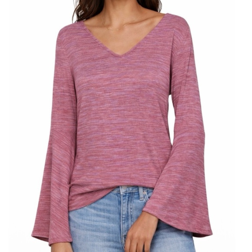 LOFT Pink Heathered V-Neck Bell Sleeve Top